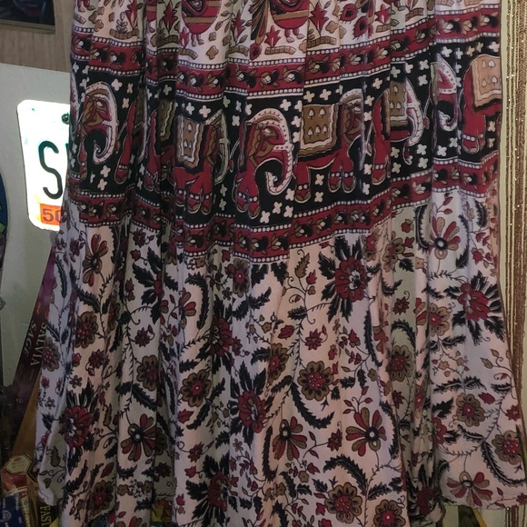 Vintage Style Boho Maxi Skirt Batik Elephant Print Adjustable Drawstring Waist - Picture 2 of 5